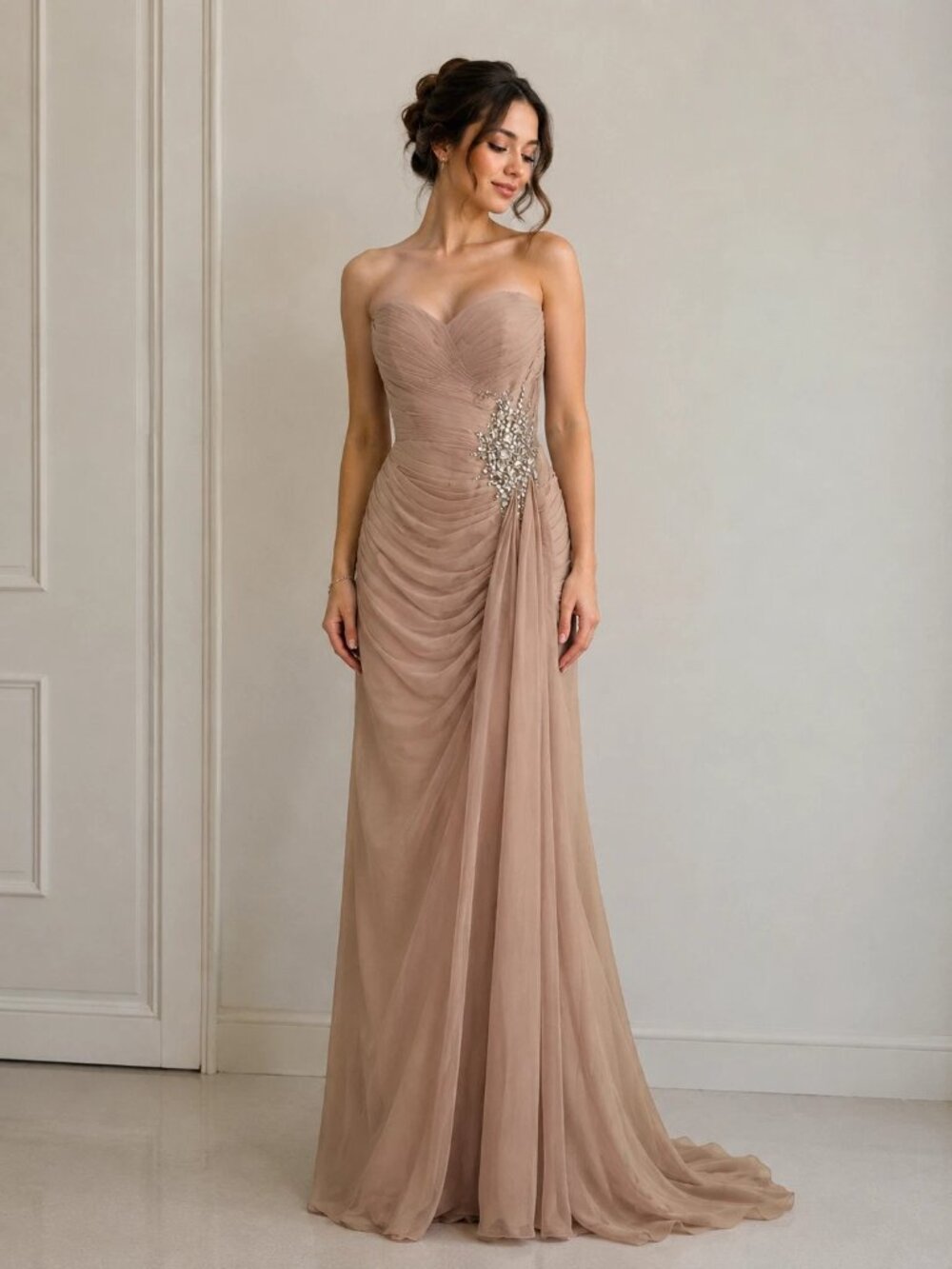 Jovani Blush Strapless Sweetheart Gown with Faux Wrap Asymmetrical Draping Style
